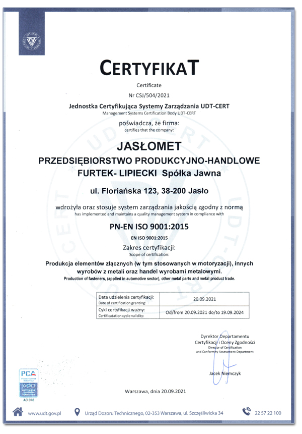 Certyfikat UDT ISO 9001:2015