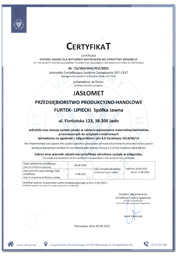 Certyfikat UDT Ciśnieniowe 2014/68/WE