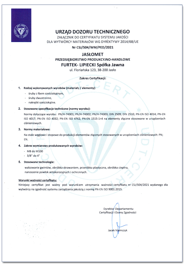 Certyfikat UDT Ciśnieniowe 2014/68/WE załącznik